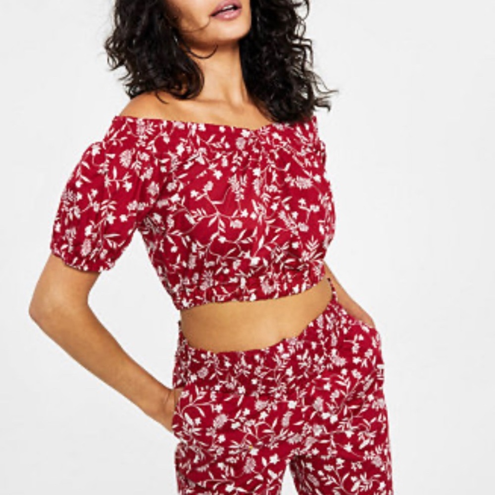 Bar III Dark Red Floral Crop Top L